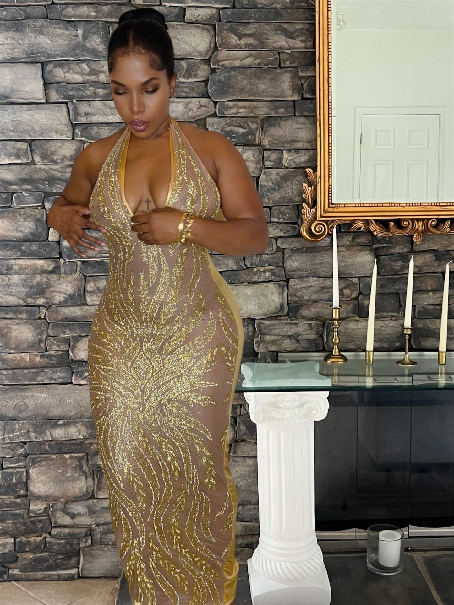 Onyii gold midi dress