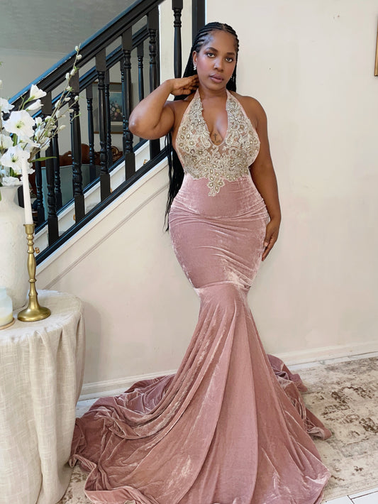 Amina pink velvet gown